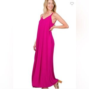Zenana V-Neck CAMI Maxi Dress with Side Pockets Hot Pink